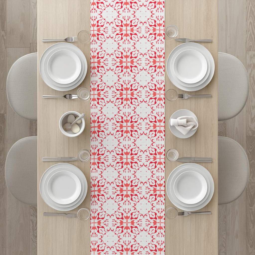 Red and White Traditional Tile Style Pattern Runner