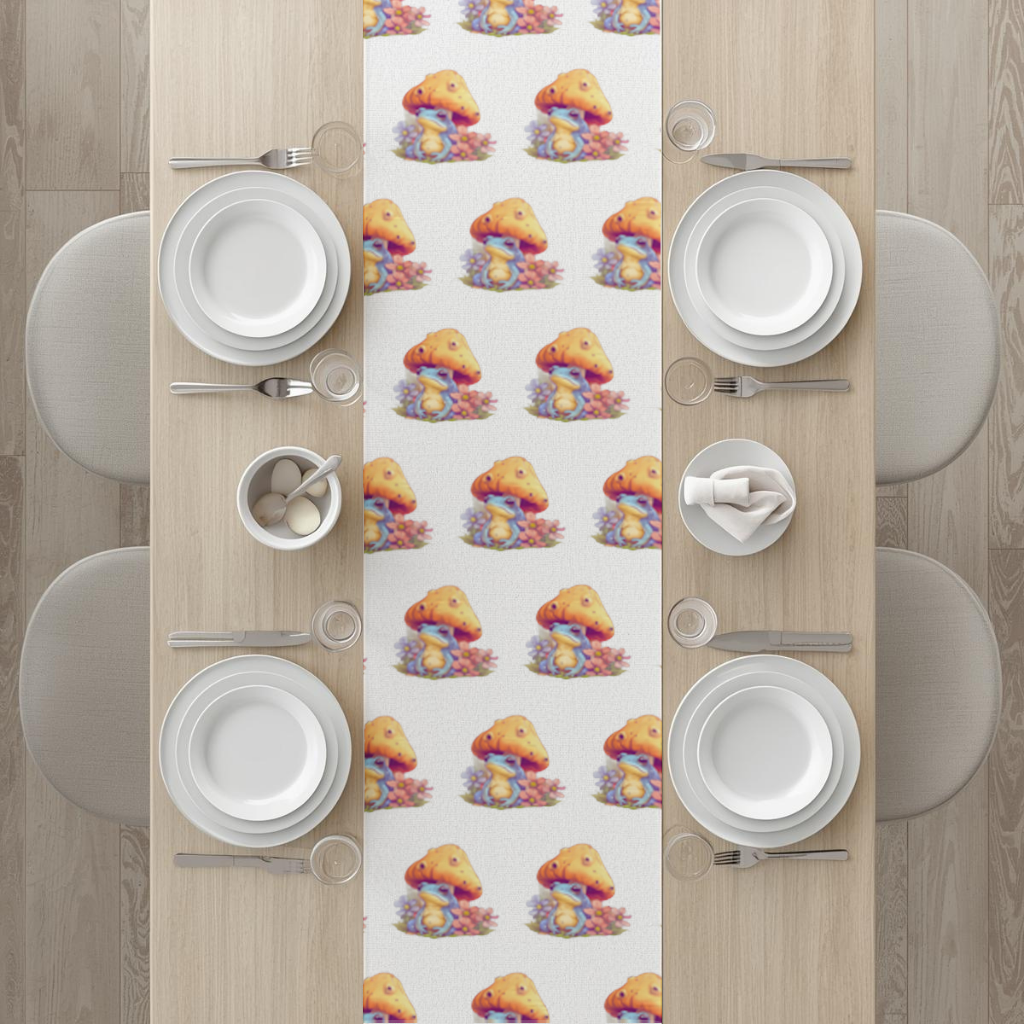 Blue Frog Resting Under Orange Mushroom Runner