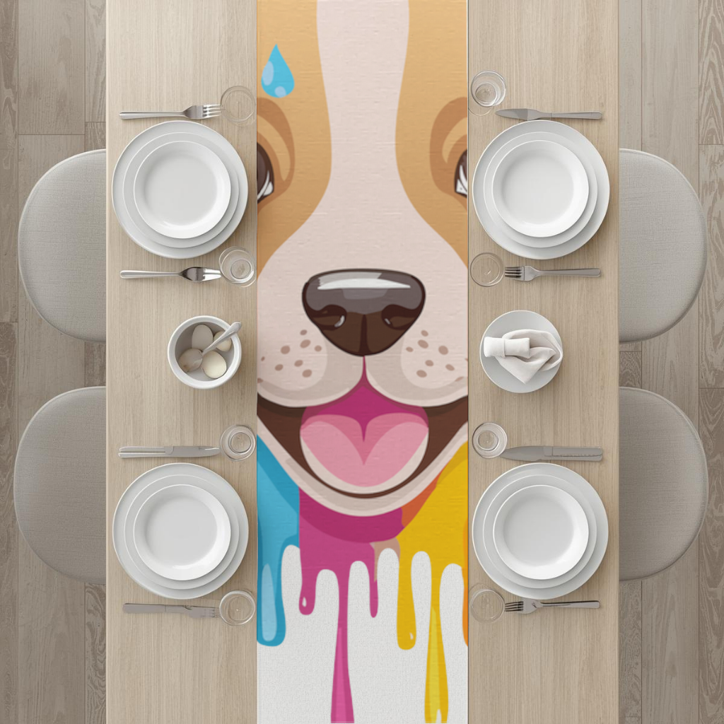 Renkli Boya Damlalı Mutlu Köpek Tasarımı Masa Runner