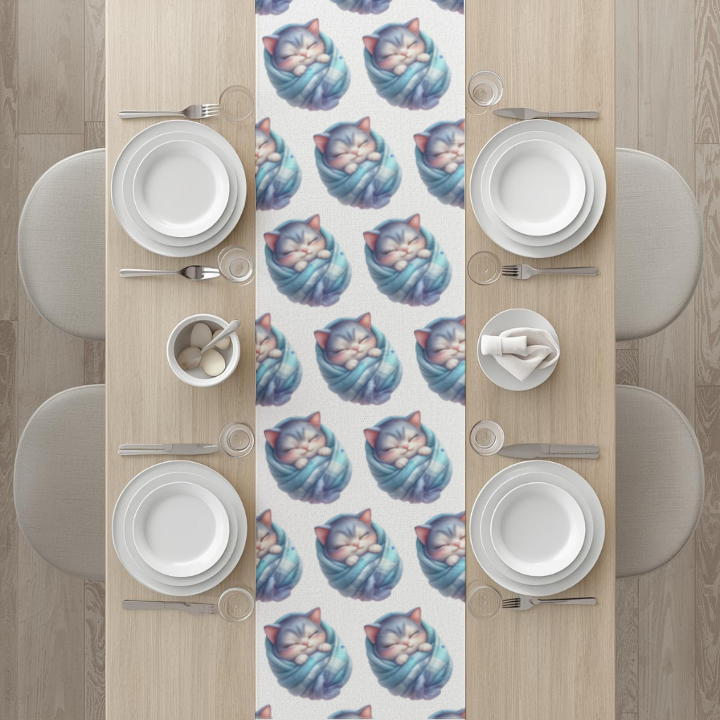 Kawaii Sleeping Kitten in Blue Swaddle Runner