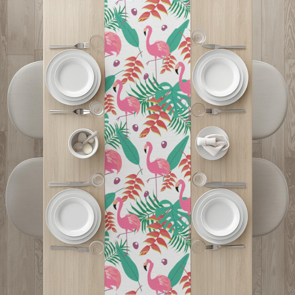 Pembe Flamingo Tropikal Yapraklar Masa Runner