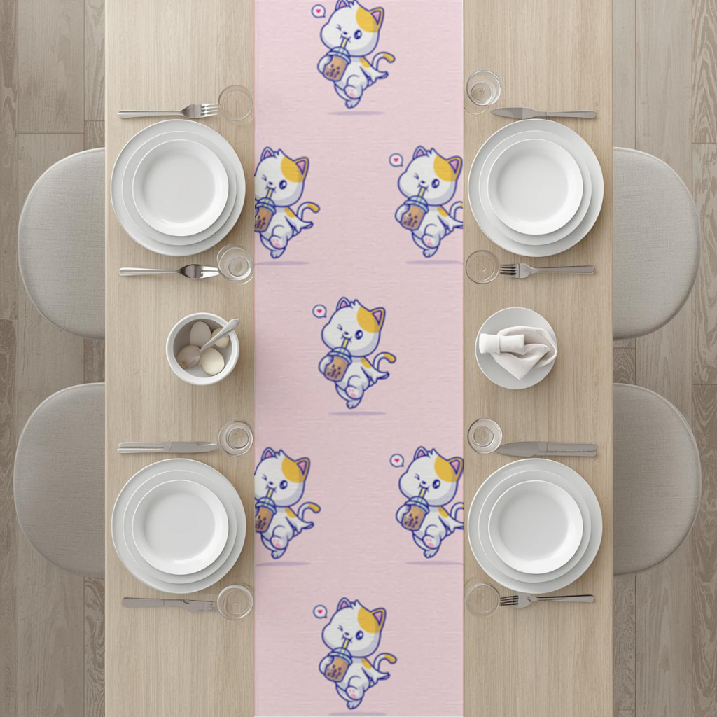 Boba Çayı İçen Kawaii Kedi Masa Runner