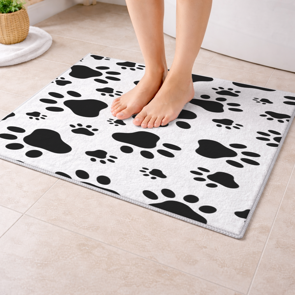 Black and White Paw Pattern Design Bath Mat