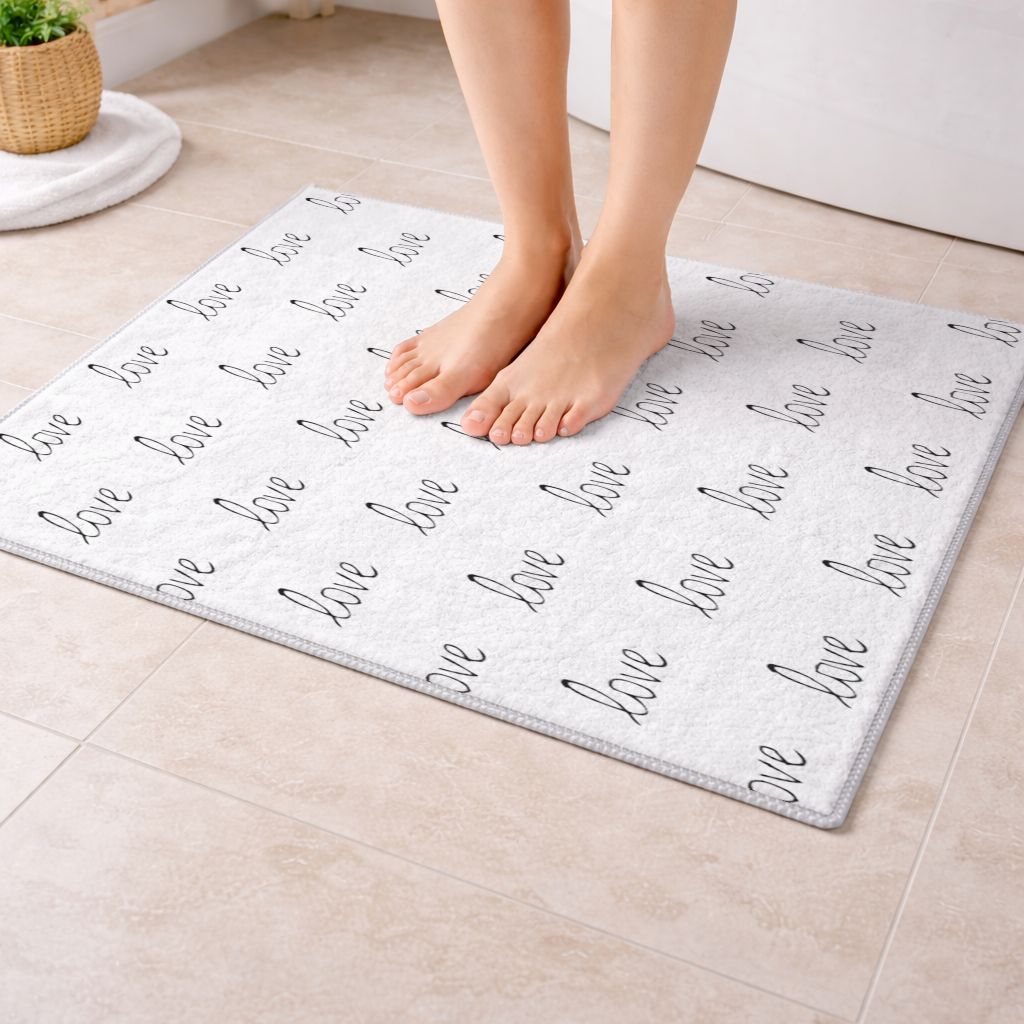 Minimal Black and White Love Text Pattern Design Bath Mat