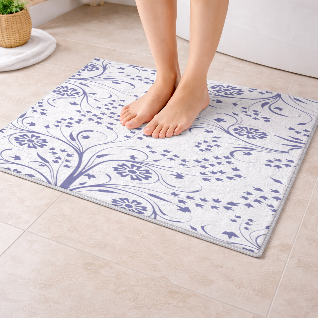 Blue White Vintage Floral Pattern Bath Mat