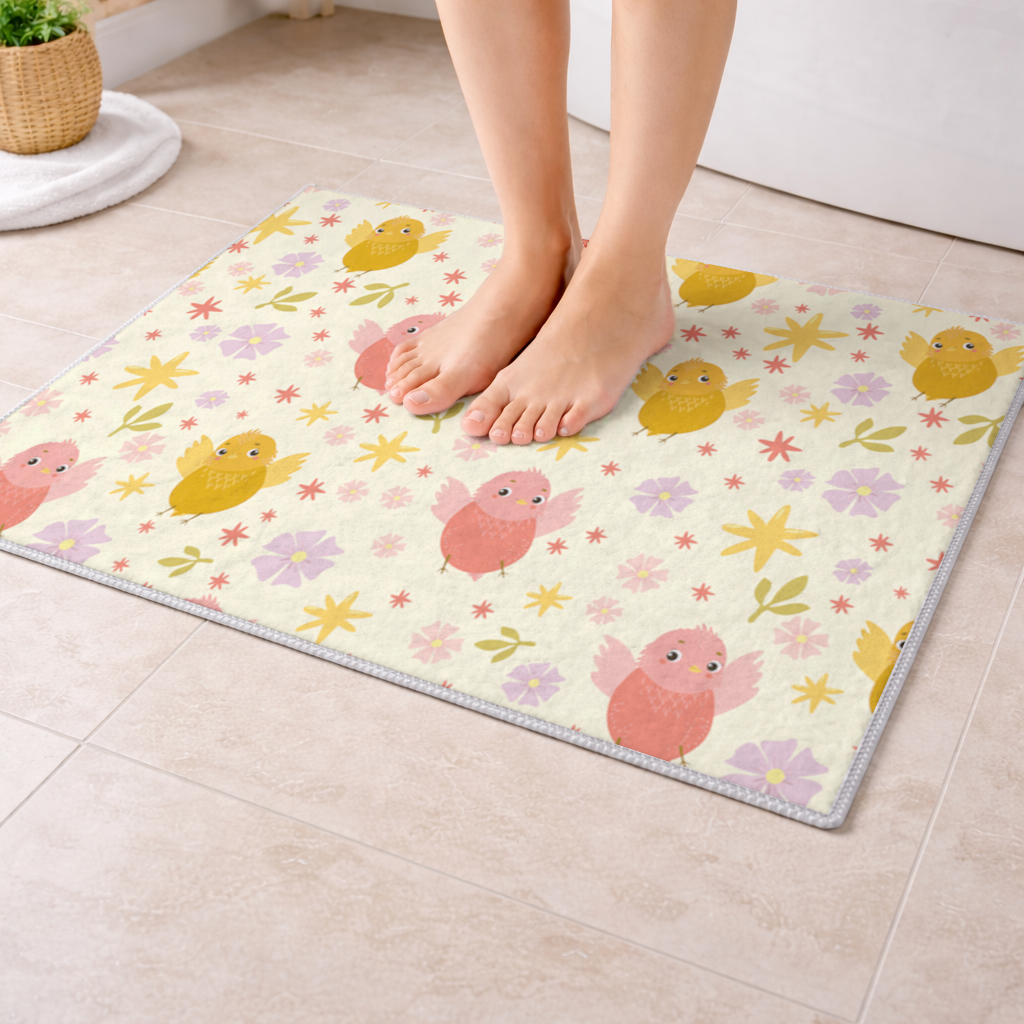 Cute Birds and Floral Pastel Spring Pattern Illustration Bath Mat