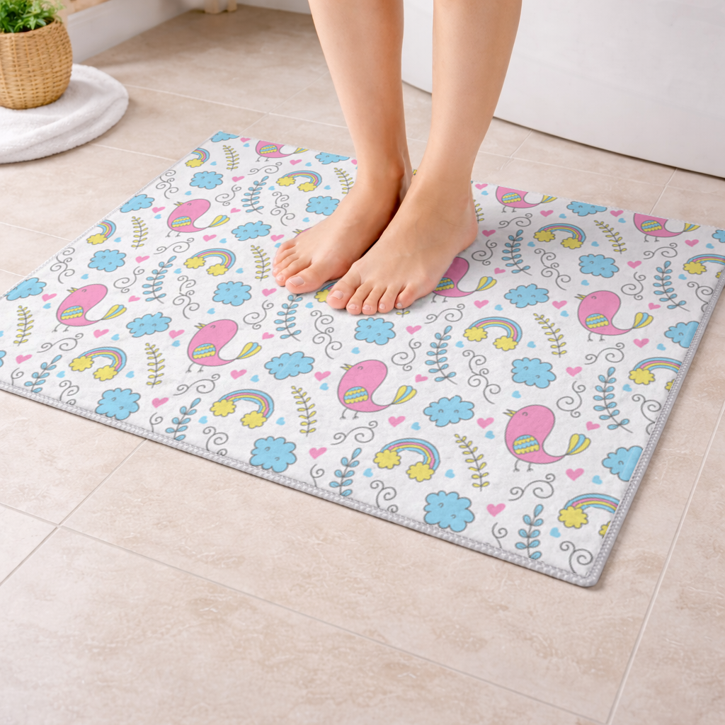 Cute Pink Bird and Rainbow Kids Pattern Bath Mat