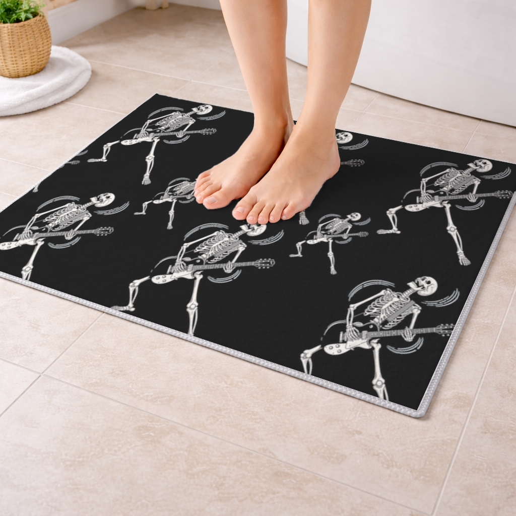 Rock Guitar Playing Skeleton Pattern on Black Bath Mat