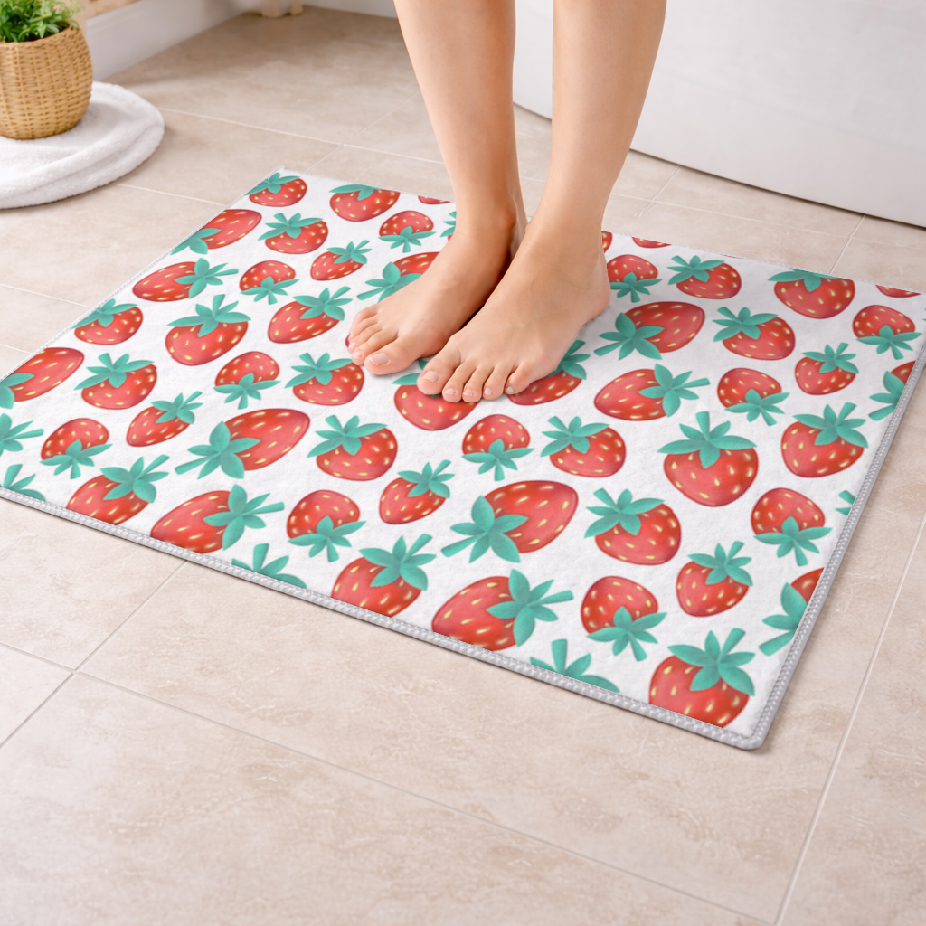 Vibrant Red Strawberry Summer Pattern Bath Mat