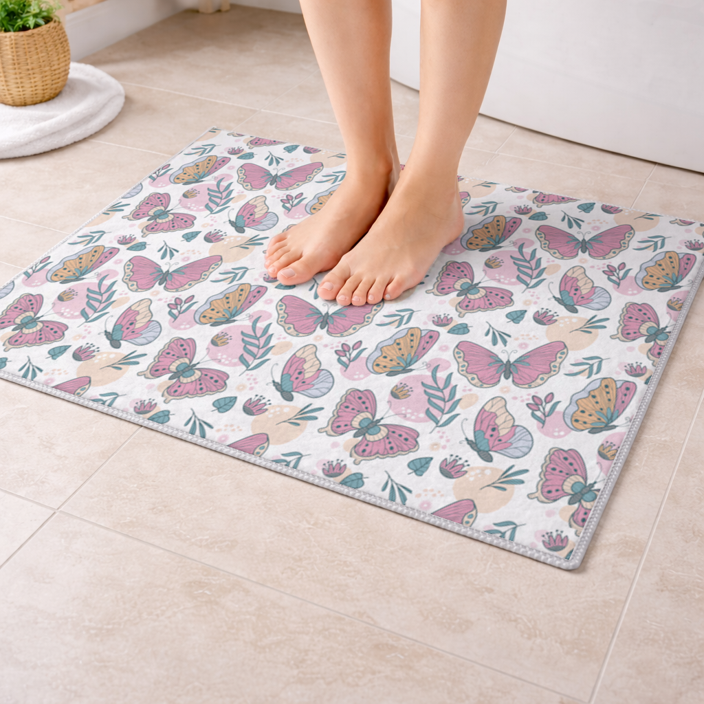 Pastel Butterflies and Botanical Leaves Seamless Pattern Bath Mat