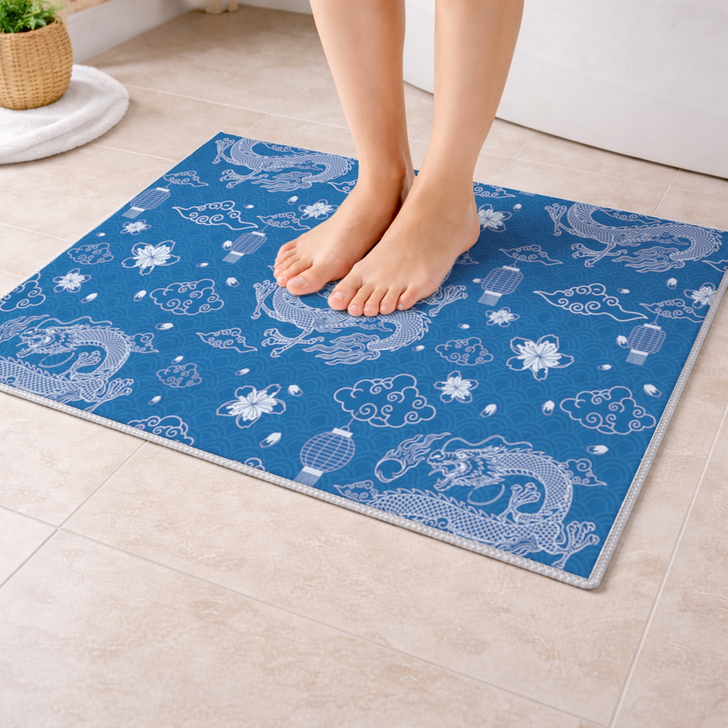 Traditional Dragon Pattern on Blue Background Bath Mat
