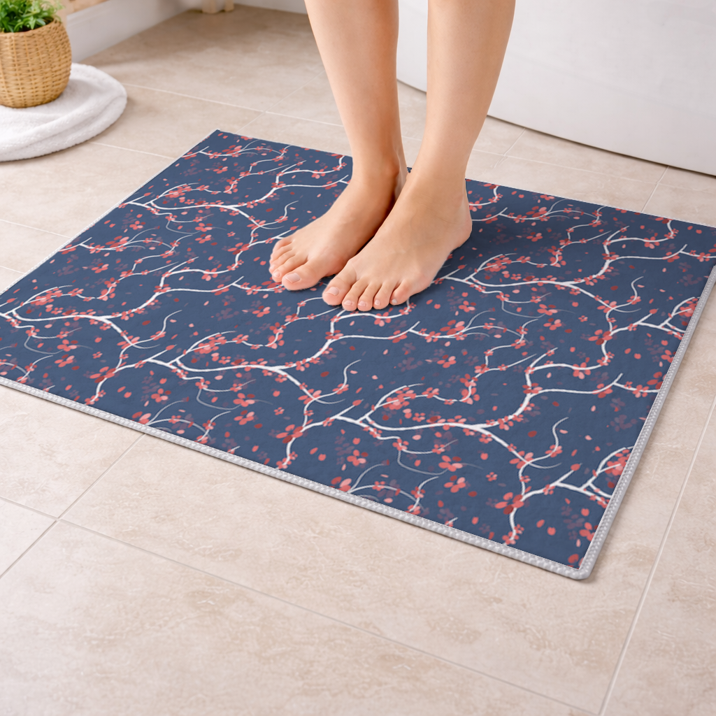 Red Floral Branch Pattern on Navy Background Bath Mat