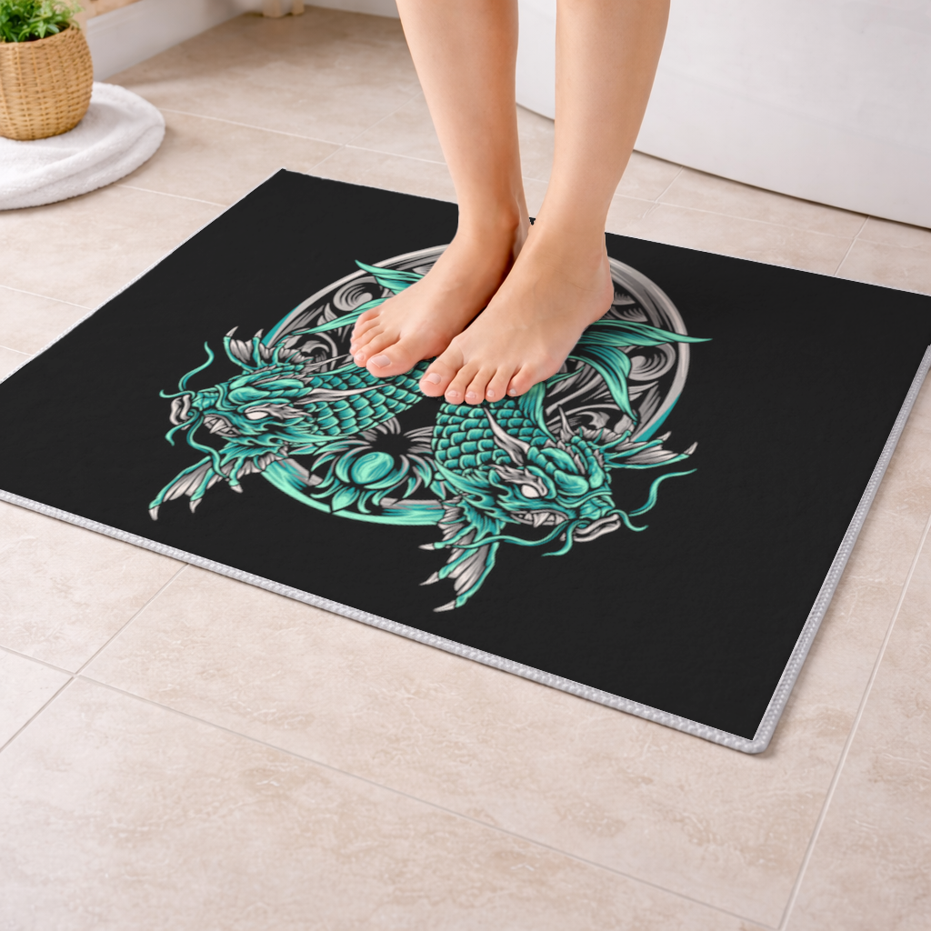 Turquoise Twin Dragon Emblem Design Bath Mat