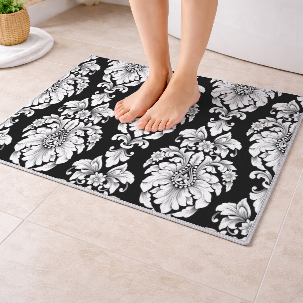Black and White Baroque Floral Pattern Bath Mat