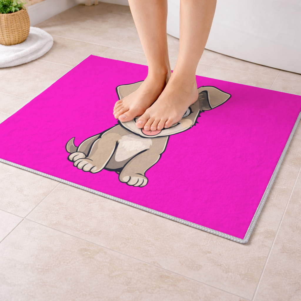 Pembe Arka Planlı Sevimli Köpek Çizimi Banyo Halısı