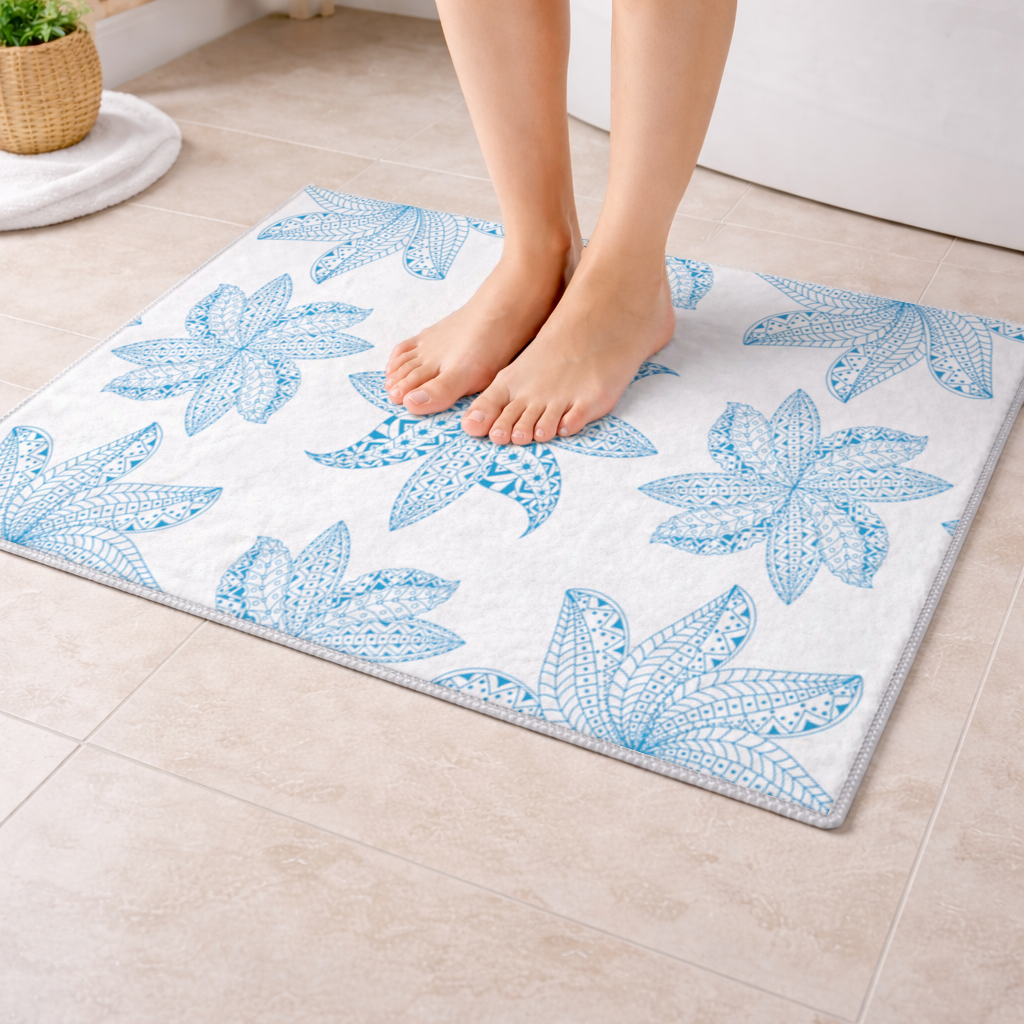 Blue Mandala Floral and Leaf Zentangle Pattern Bath Mat