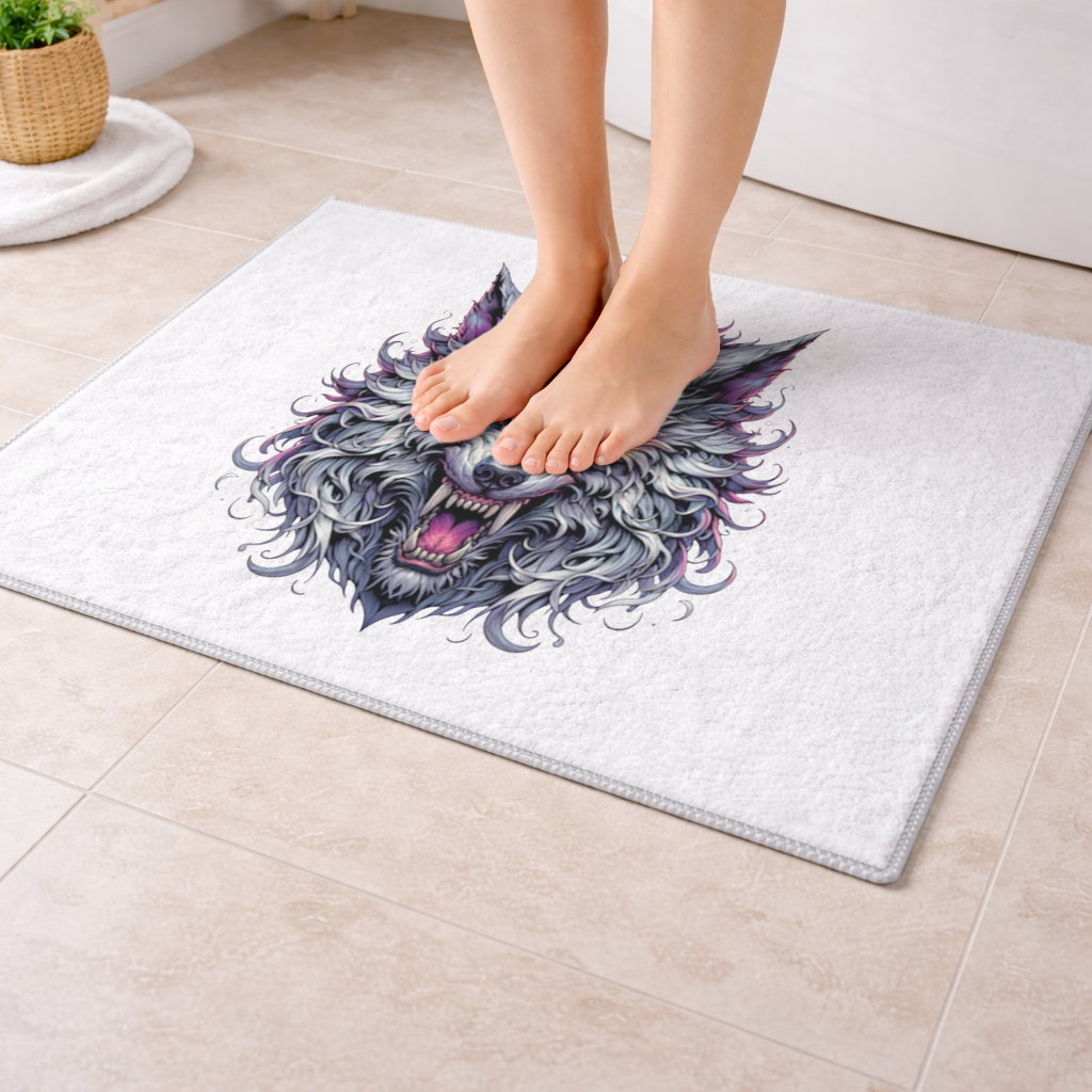 Fierce Wolf Head Illustration Heterochromia Eyes, Savage Wolf Bath Mat