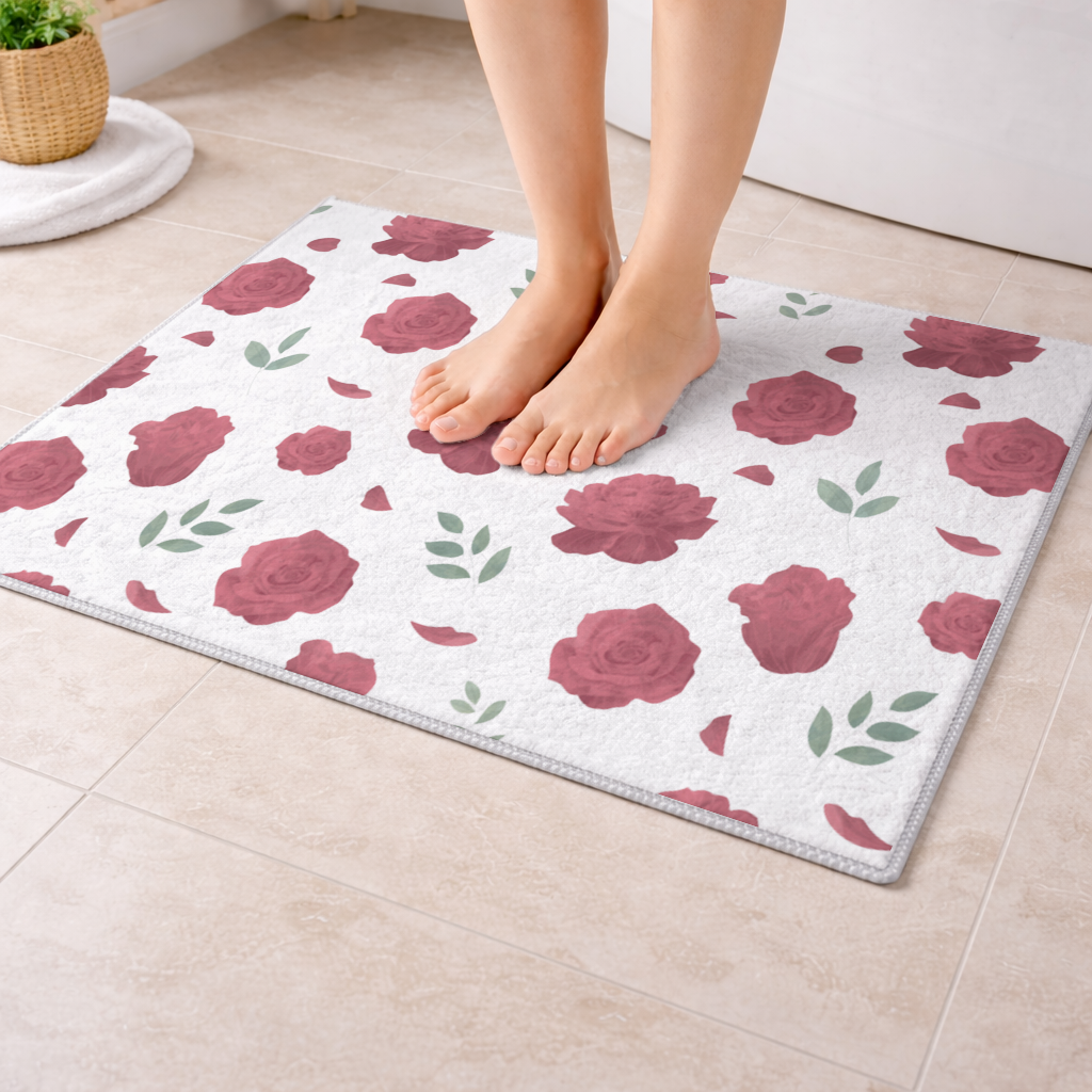 Red Rose and Leaf Romantic Seamless Pattern Bath Mat