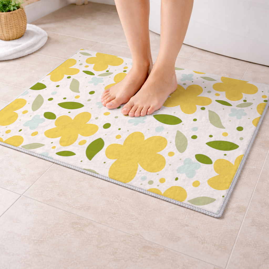 Yellow Floral and Leaf Boho Seamless Pattern Bath Mat