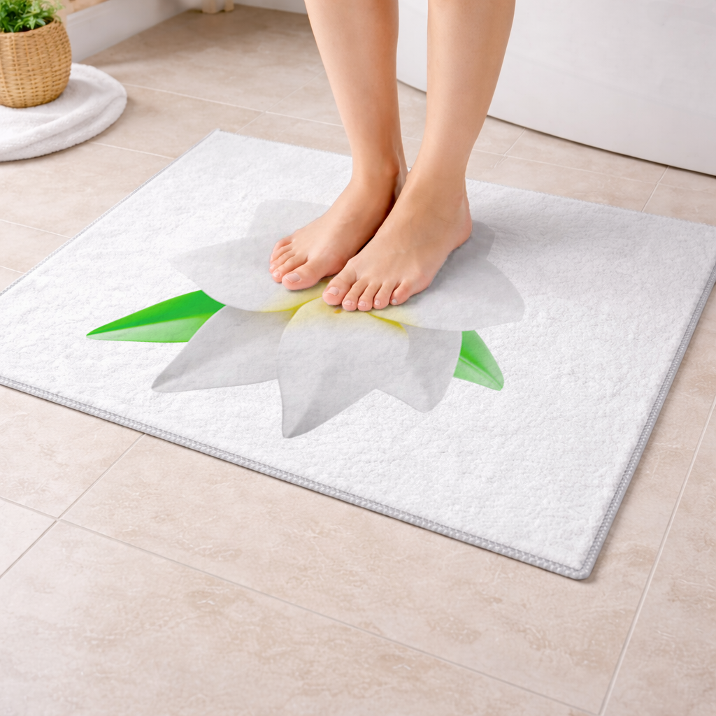 3D White Lily Flower Illustration Bath Mat