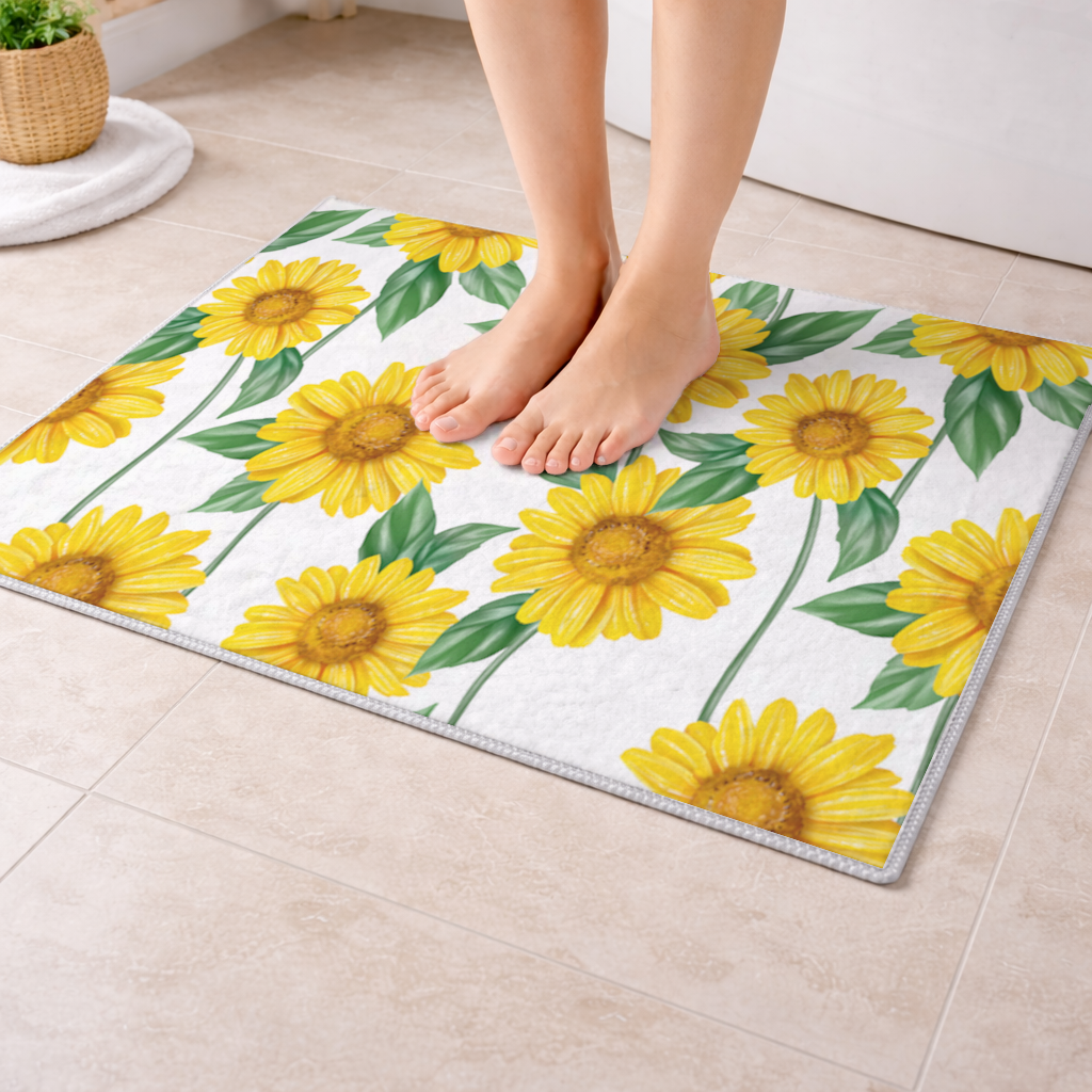Vibrant Yellow Sunflower and Green Leaf Pattern Illustration Bath Mat