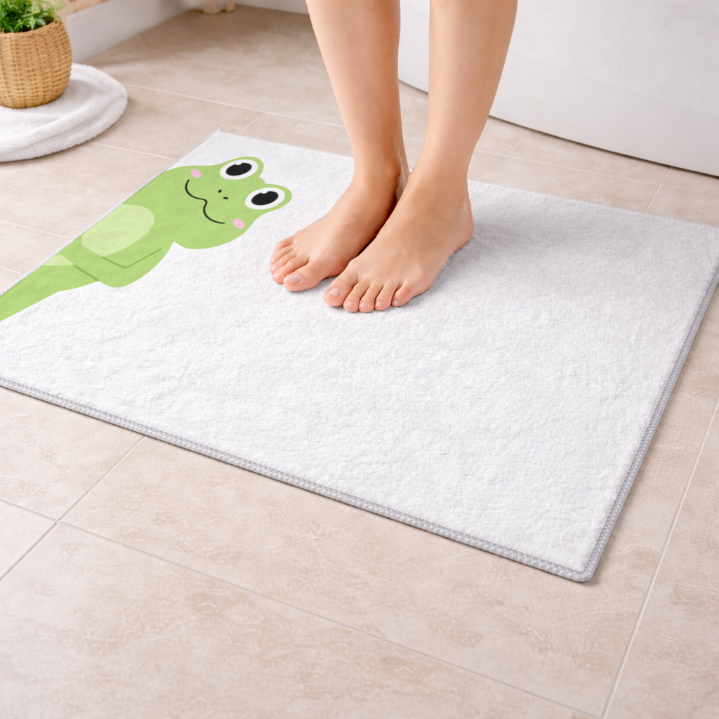 Cute Green Frog Peek-a-Boo Illustration Bath Mat