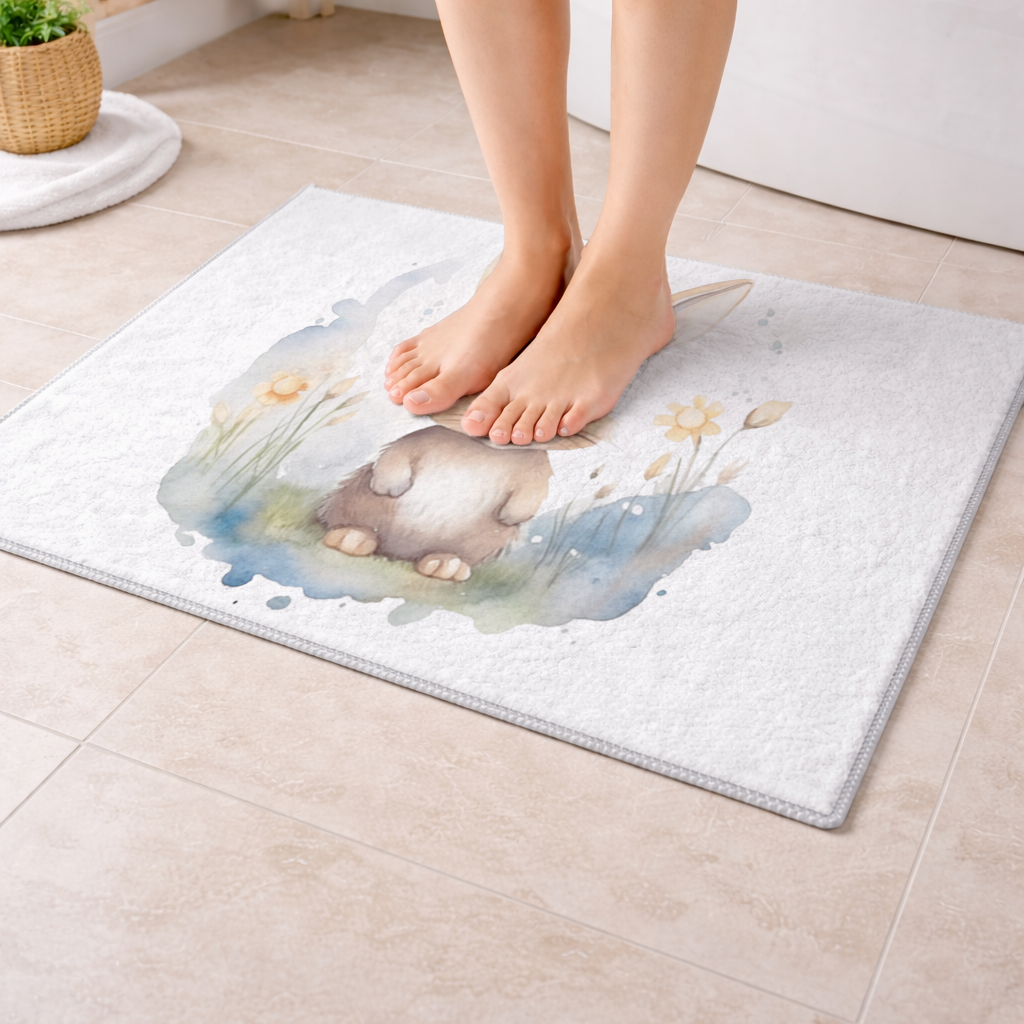 Sevimli Tavşan Suluboya İllüstrasyon Banyo Halısı