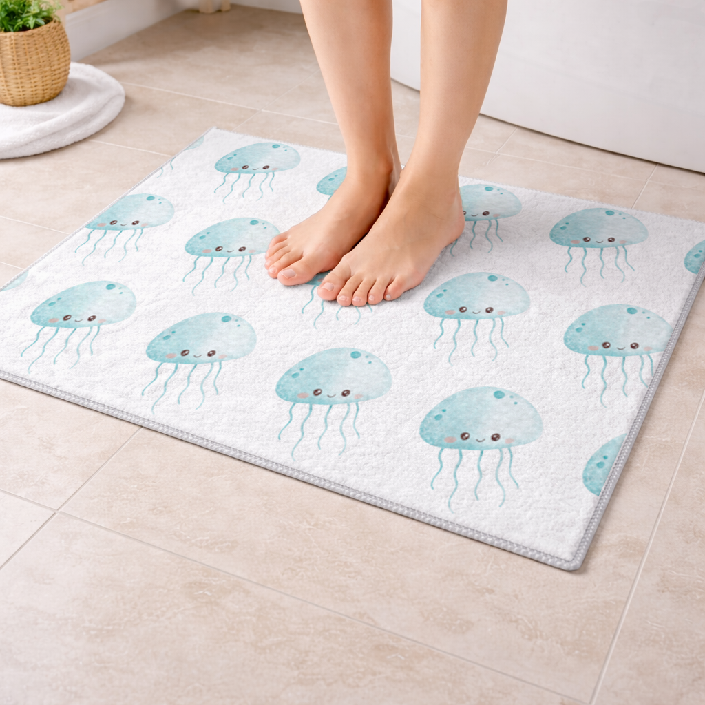 Cute Blue Jellyfish Character Bath Mat