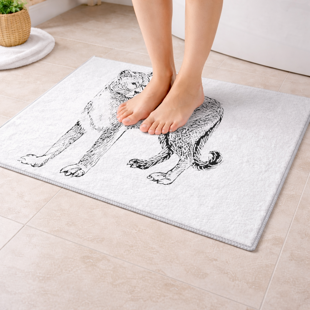 Black and White Wild Cat Sketch Illustration Bath Mat