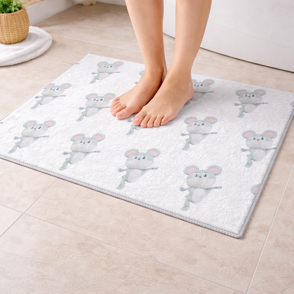 Dancing Cute Grey Mouse Character Bath Mat