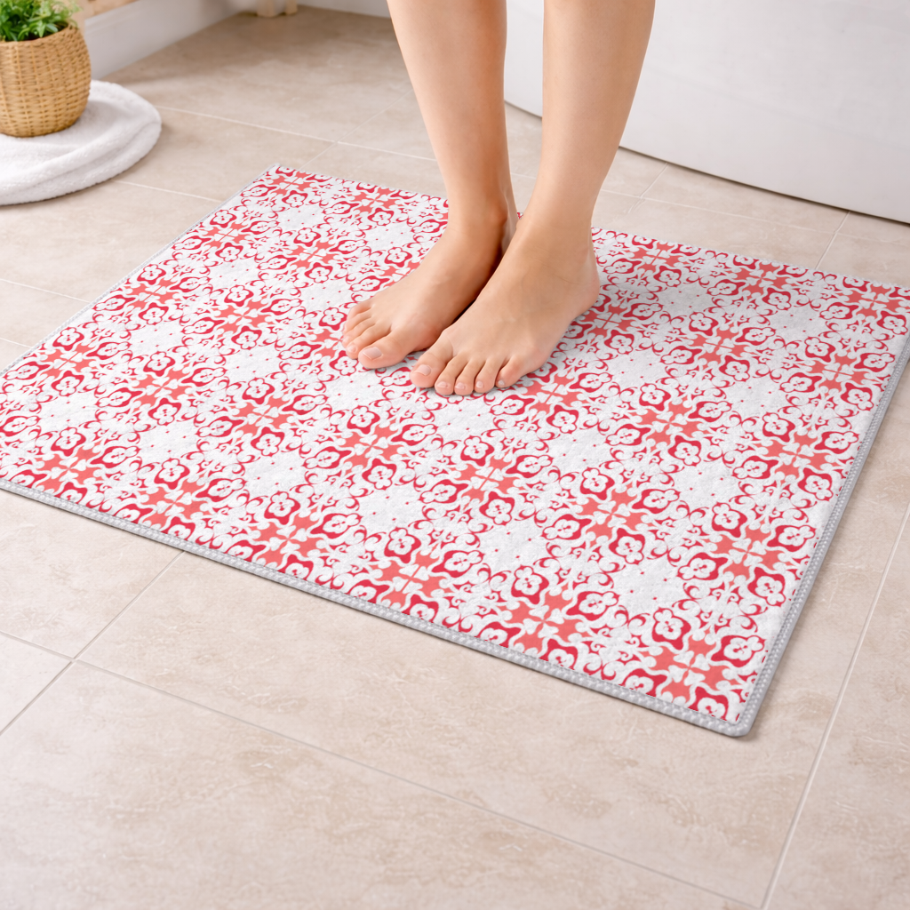 Red and White Traditional Tile Style Pattern Bath Mat