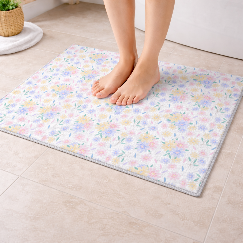 Colorful Pastel Spring Floral Pattern Bath Mat