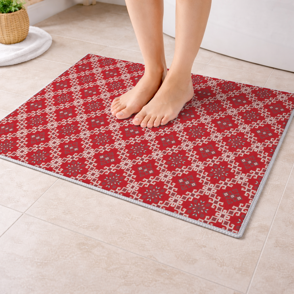 Red Ethnic Embroidery Pattern Bath Mat