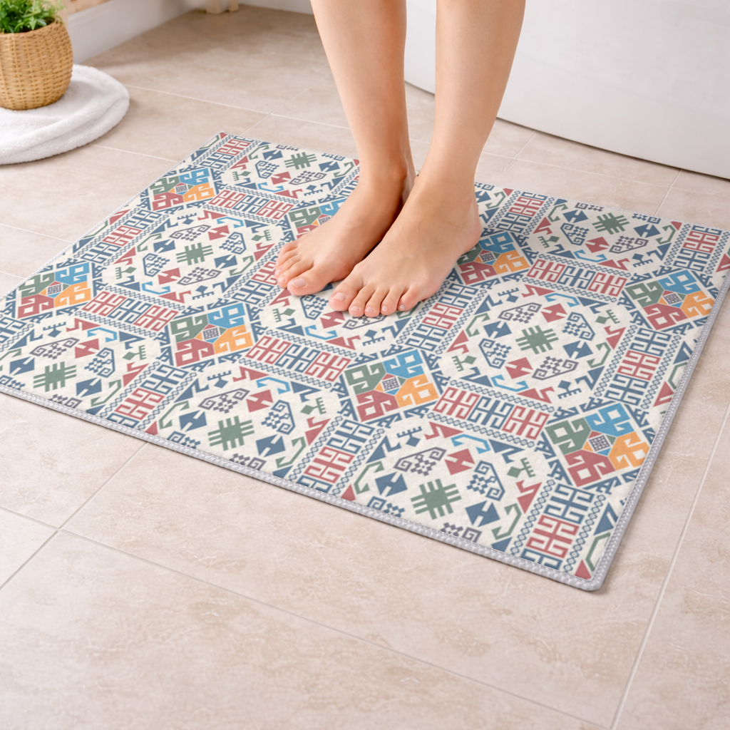 Multicolor Ethnic Geometric Motif Bath Mat