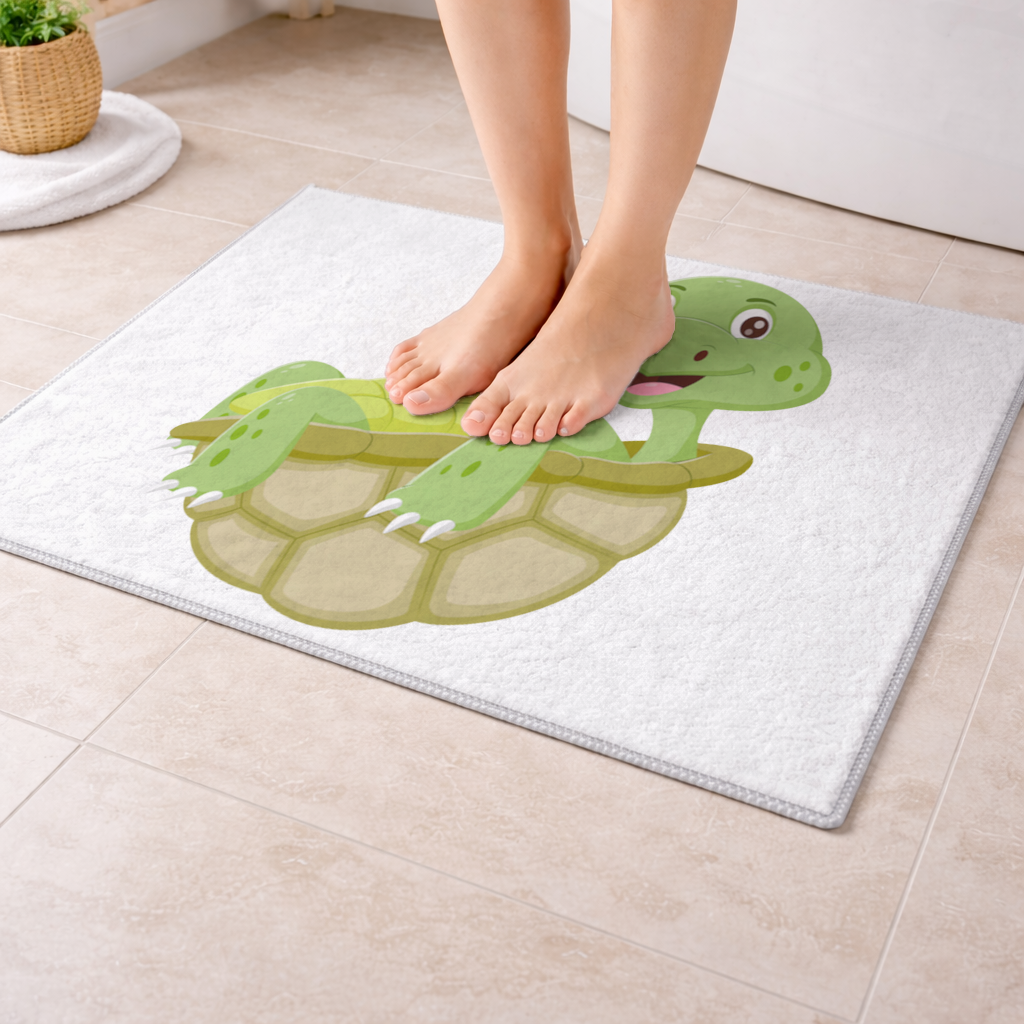 Happy Smiling Green Turtle in Shell Bath Mat