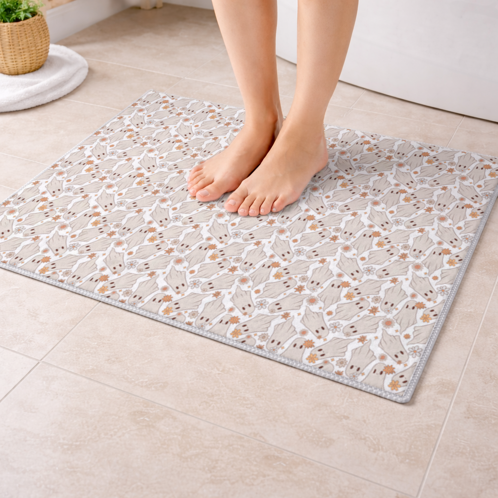Retro Floral Cute Ghost Seamless Pattern Bath Mat