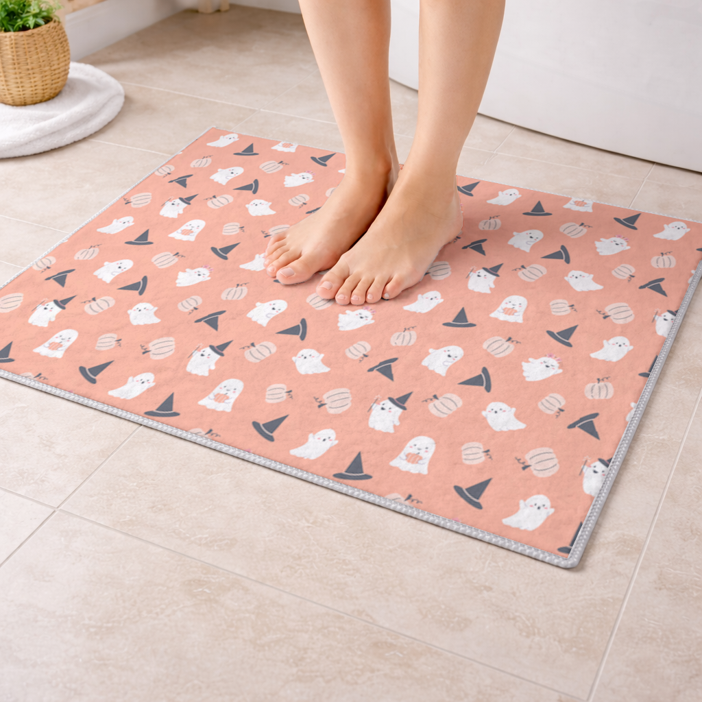 Cute Pumpkin and Witch Hat Ghost Pattern Bath Mat