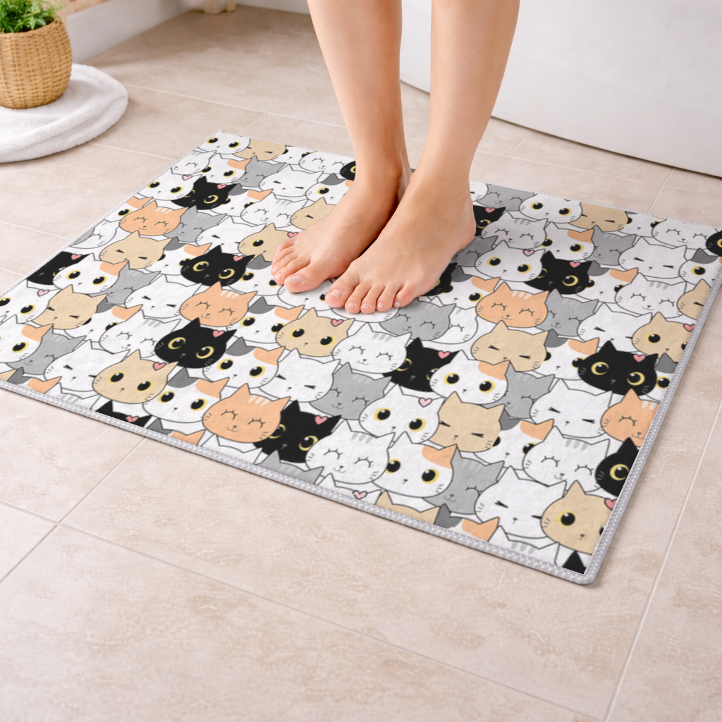 Colorful Cute Cat Faces Seamless Pattern Bath Mat