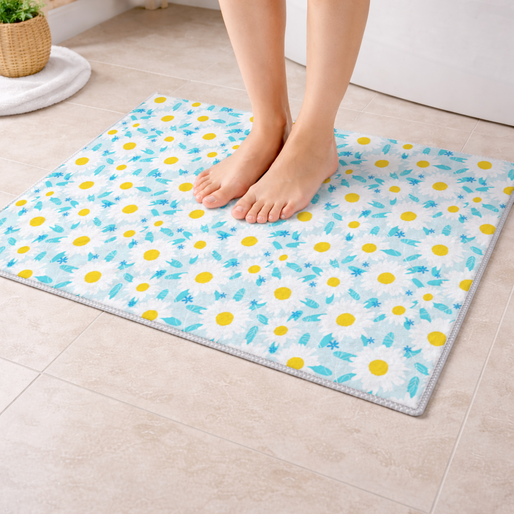 Daisy Garden and Turquoise Leaves Pattern Bath Mat