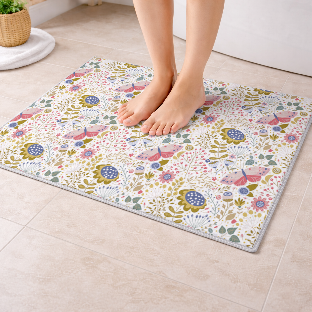 Otantik Çiçekler ve Kelebek Desenli Sanat Banyo Halısı