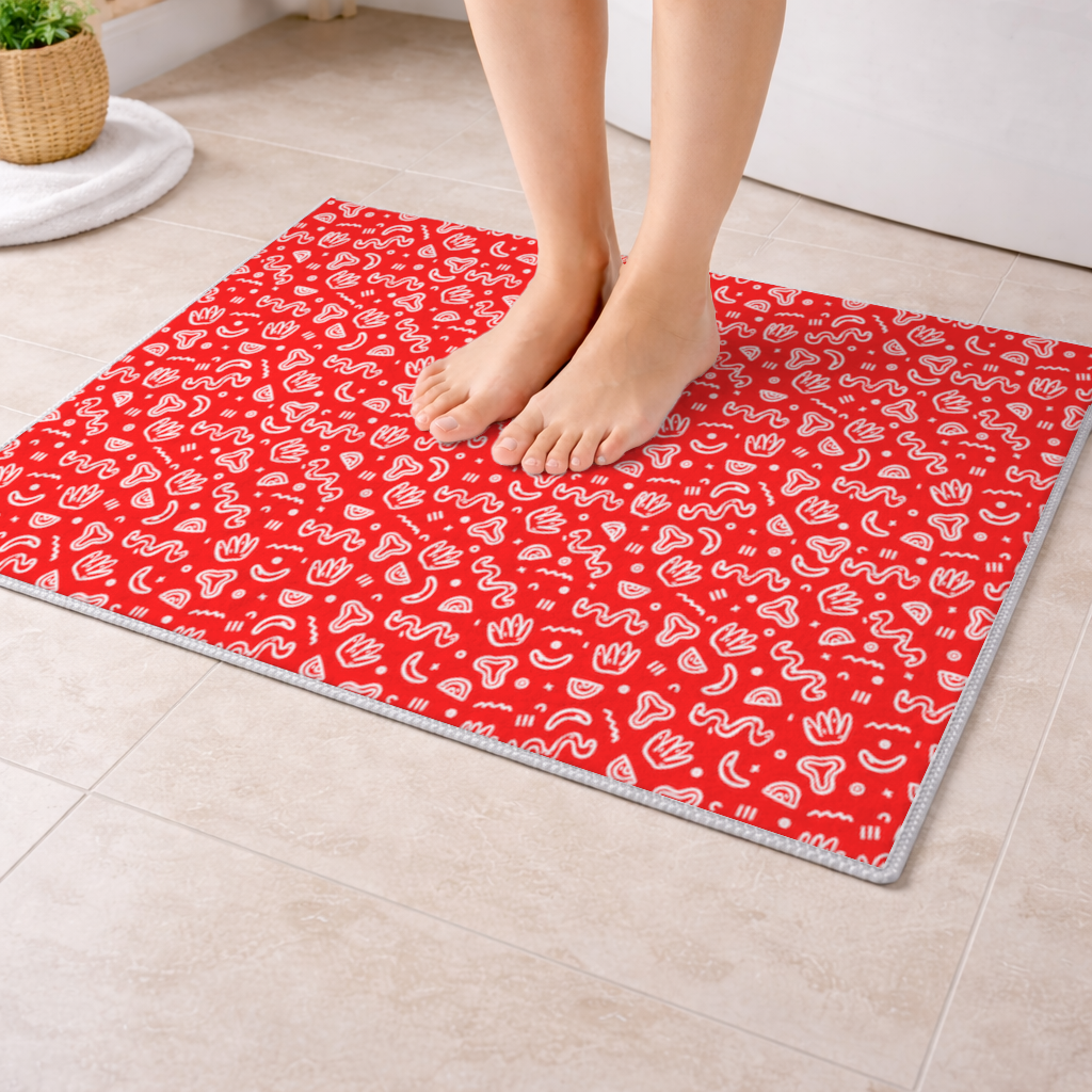 Red Abstract Doodle Bath Mat
