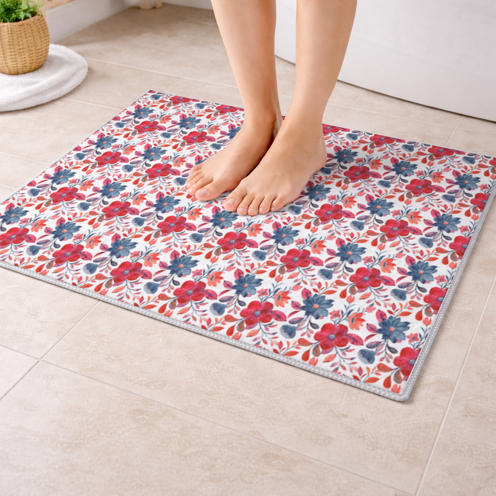 Watercolor Red Navy Floral Bath Mat
