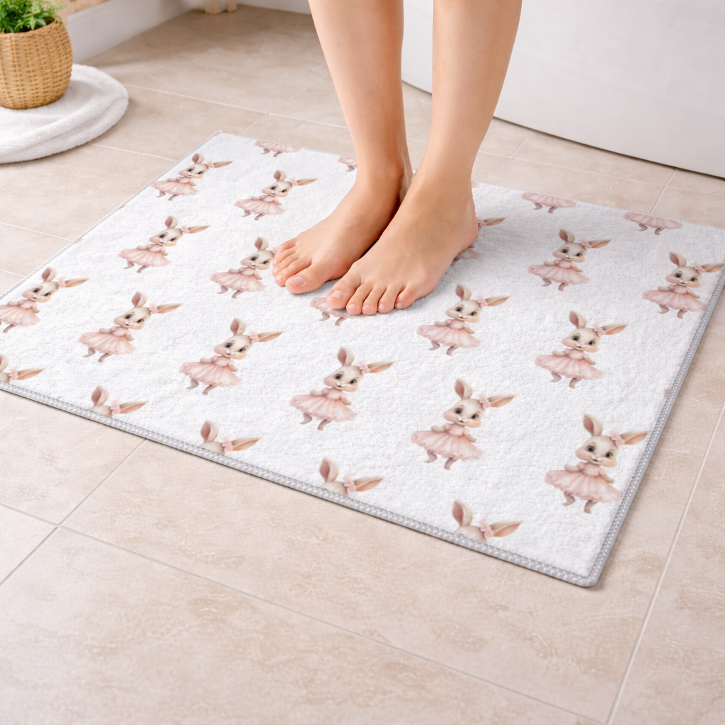 Kawaii Rabbit in Pink Ruffled Dress Bath Mat