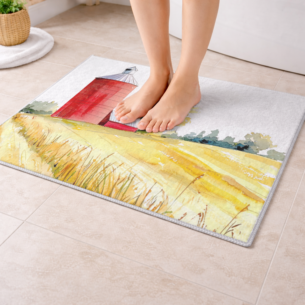 Red Farm Silo and Golden Wheat Field Bath Mat