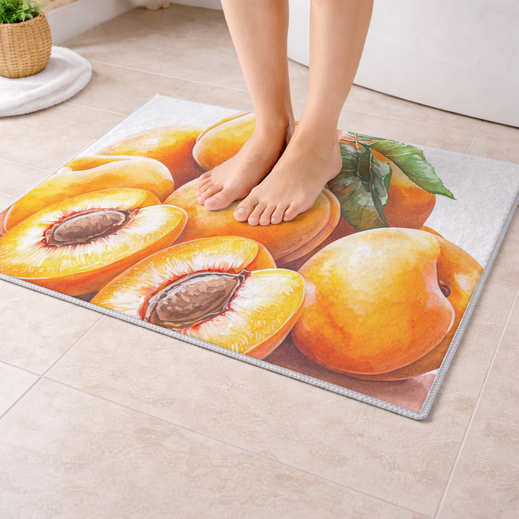 Watercolor Apricot and Leaves Bath Mat