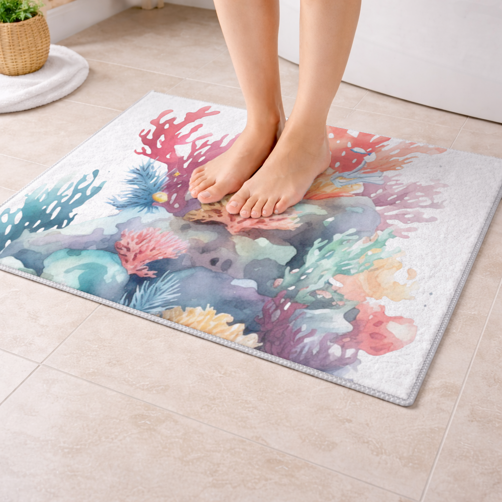Vibrant Watercolor Coral Reef Scene Bath Mat