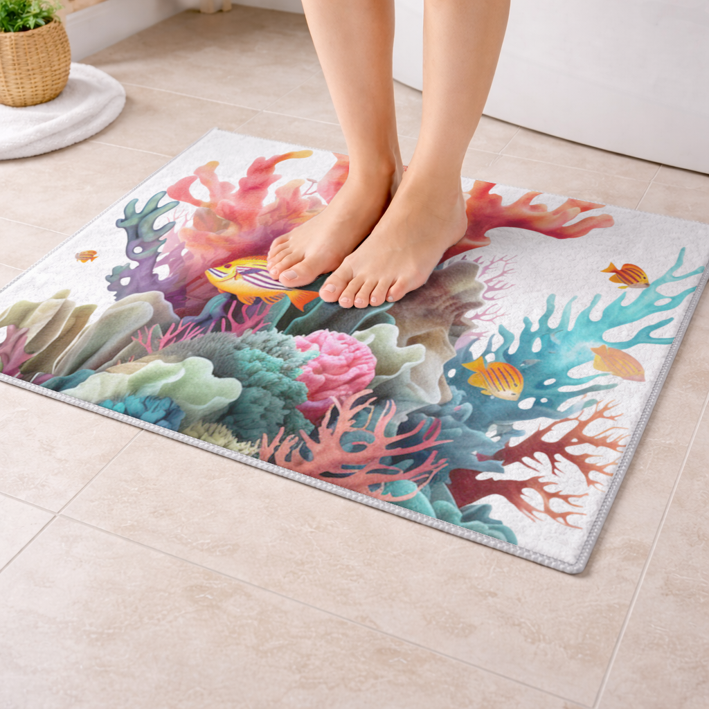 Vibrant Coral Reef and Tropical Fish Bath Mat