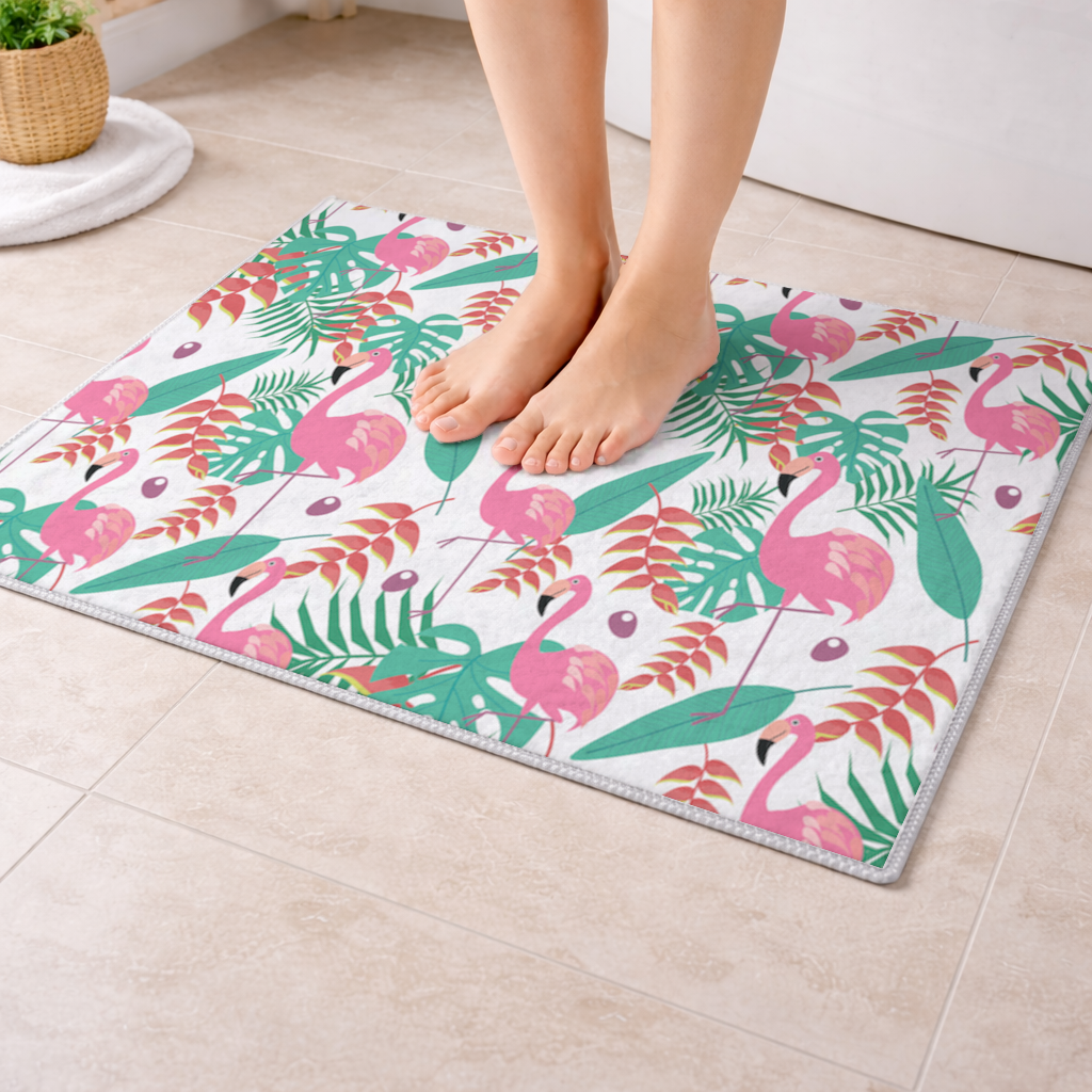 Pink Flamingo Tropical Leaves Bath Mat