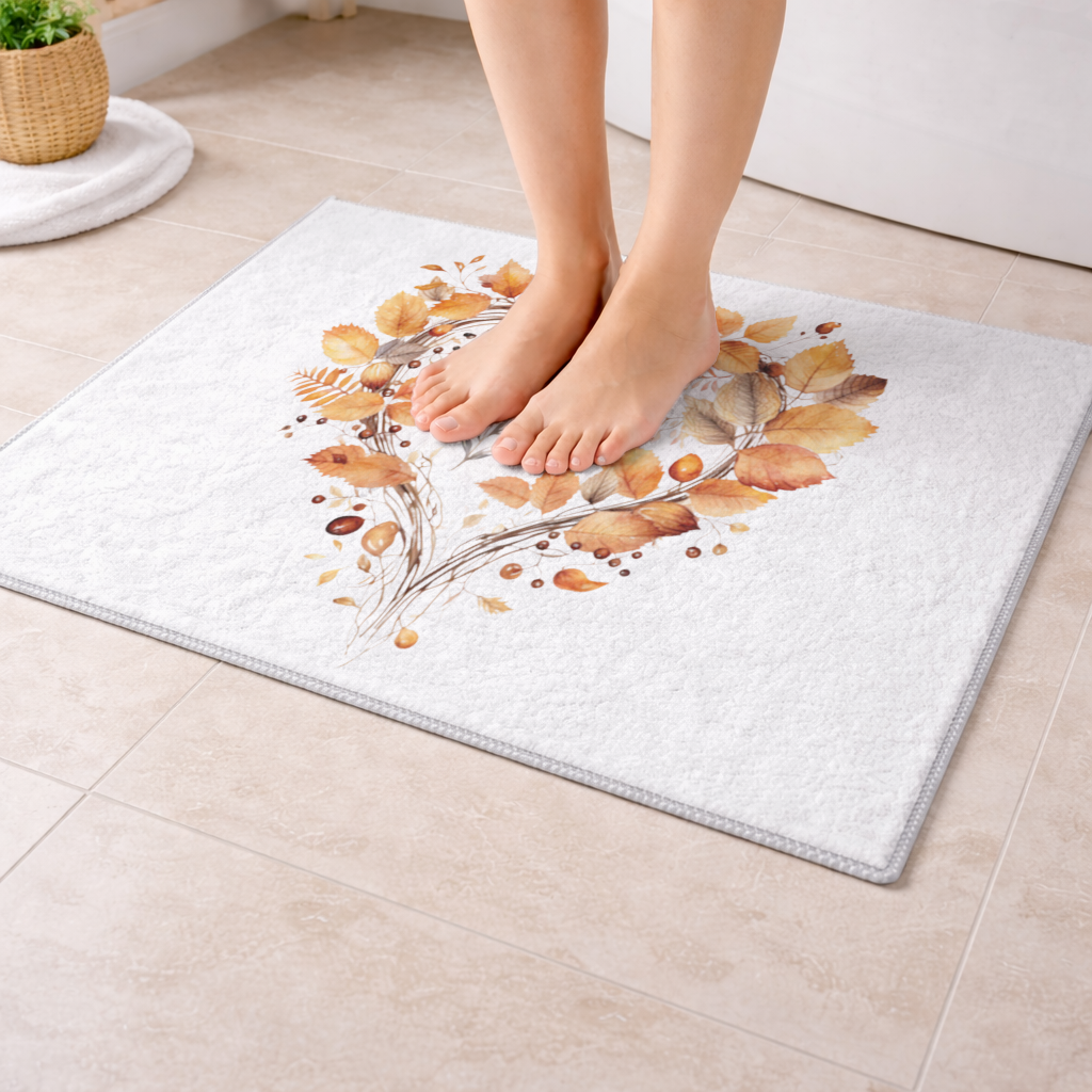 Orange Autumn Leaves Heart Bath Mat