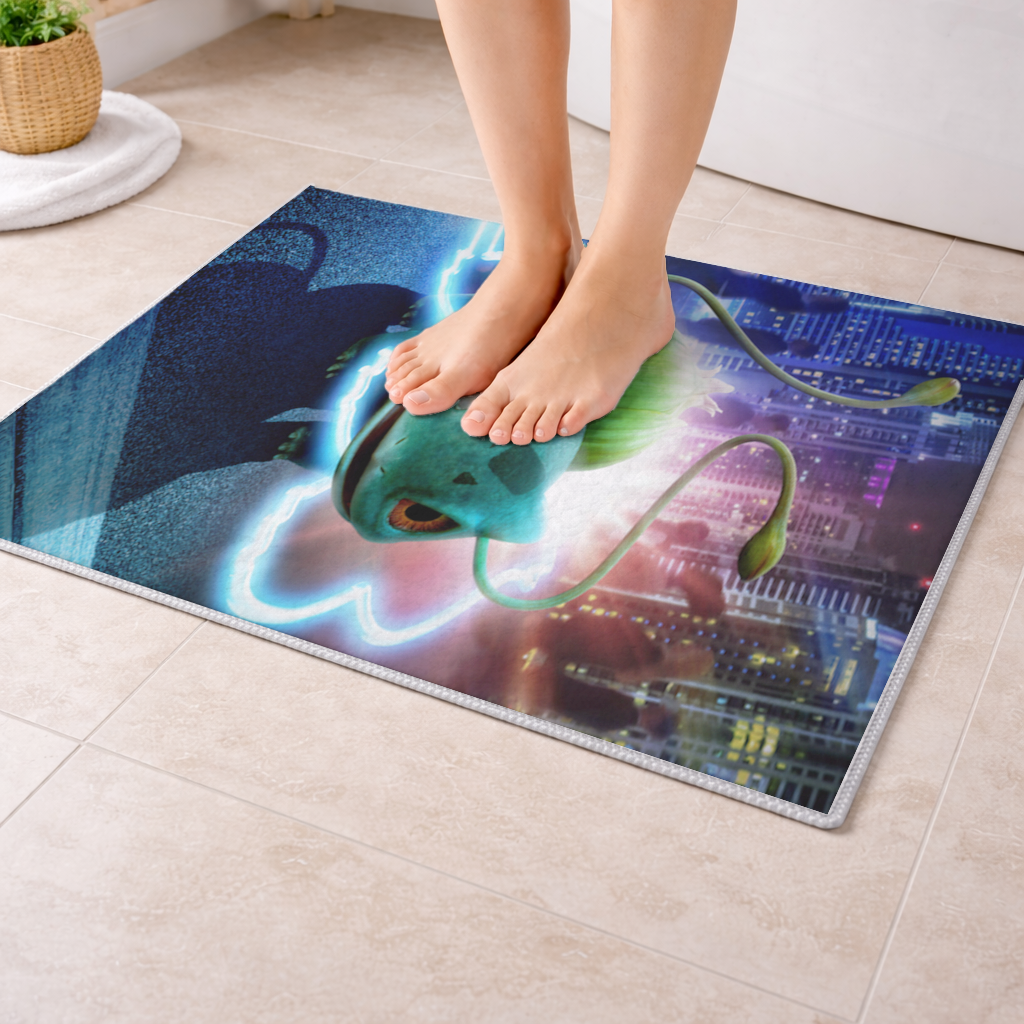 Gece Şehrinde Parlayan Neon Canavar Banyo Halısı